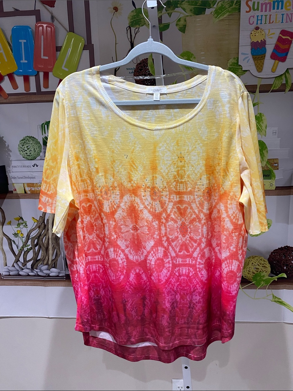 Women's Ombre Tie-Dye Short Sleeve Tee - Yellow to Pink Gradient XXXL 26 Ptp